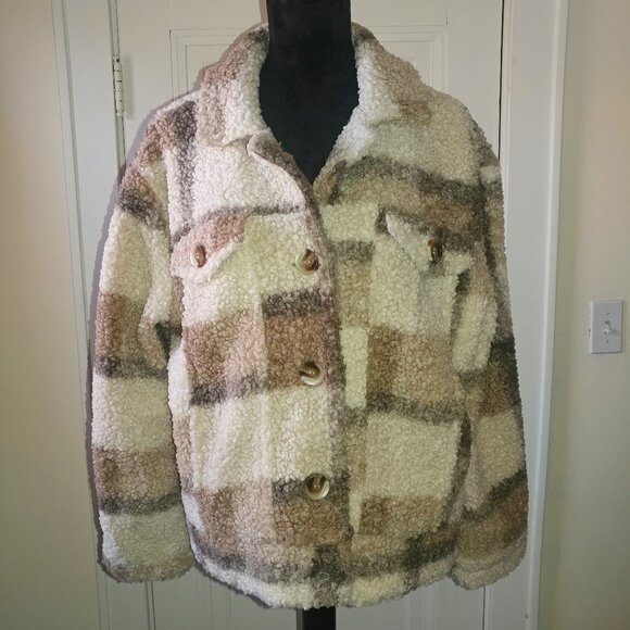 SHE + SKY: Brown & Cream Teddy Sherpa Jacket - Women's Size Large - Picture 2 of 8